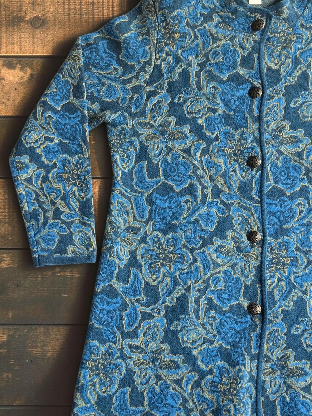 Sundance Merino Wool Floral Jacquard Long Cardigan Coat Blue Boho Cottagecore XL - Picture 5 of 9